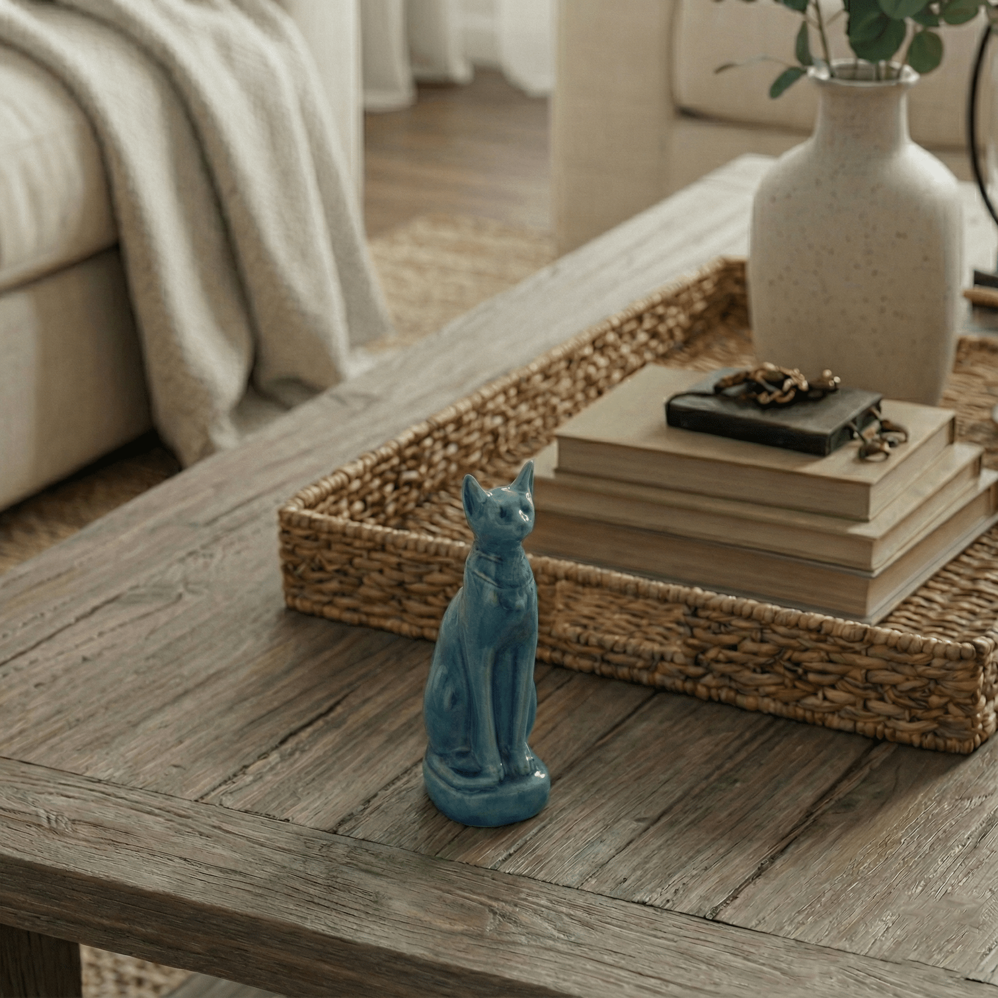 Bastet Cat Statue Blue Ceramic